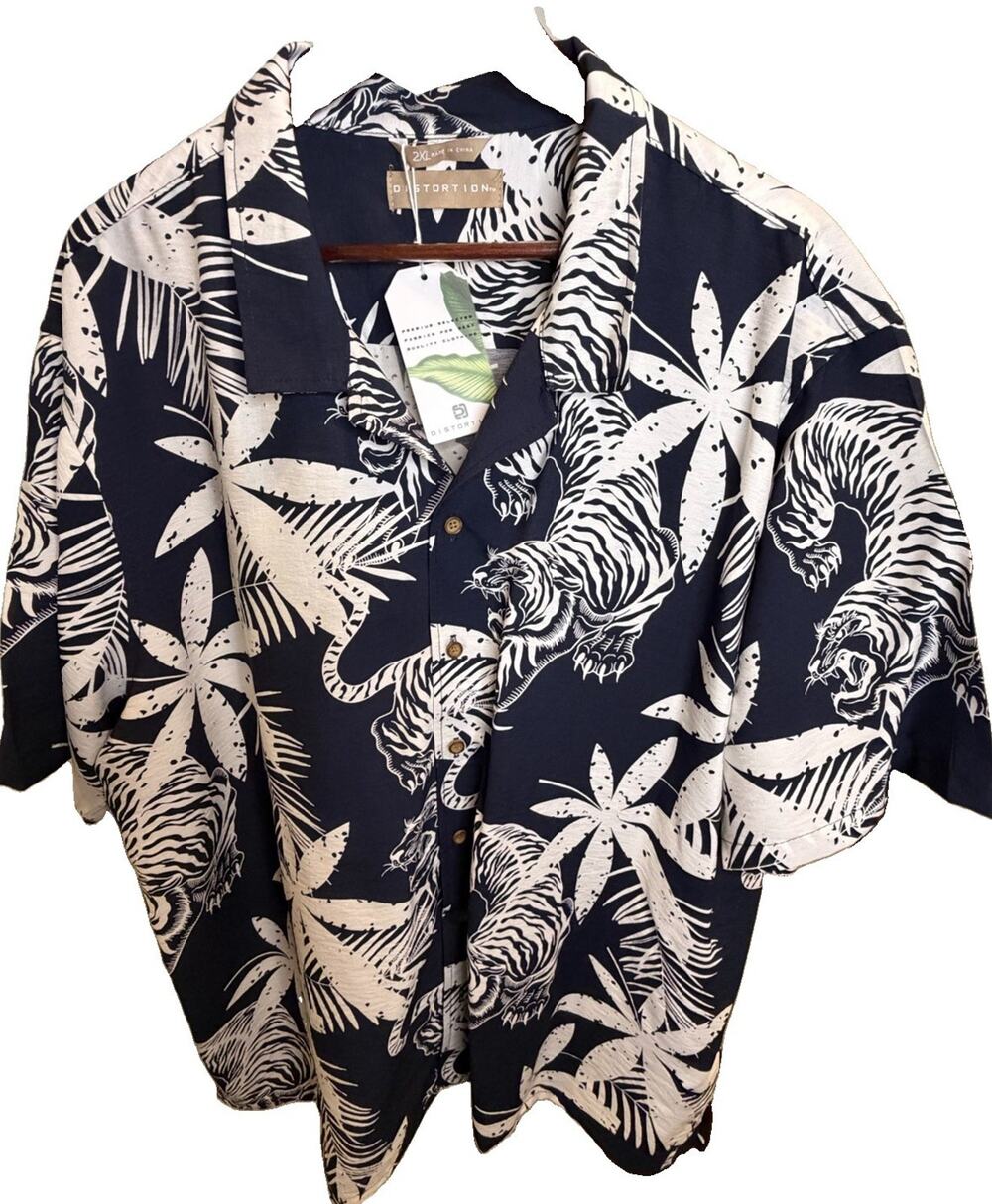 Distortion Men’s 2XL Tiger Tropical Hawaiian Shirt Navy White Rayon Camp Collar